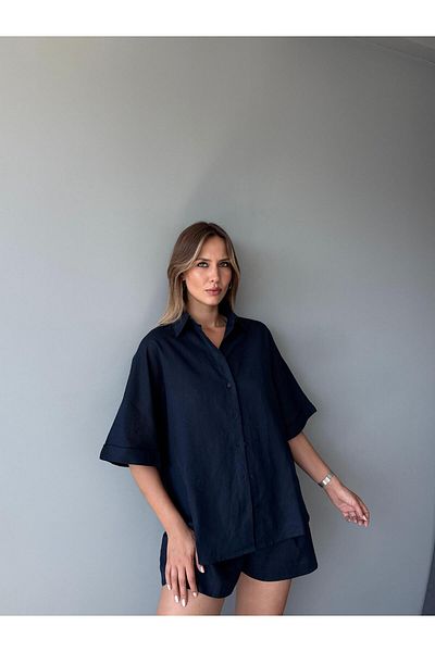 AlisaSu Navy Blue 100% Linen Pocket Shorts Shirt Set