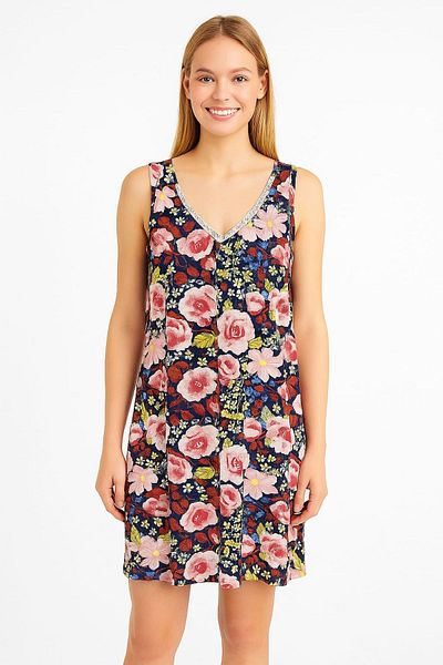 enmodaiçgiyim Colorful 100% Cotton Viscose Women's Nightdress–Flower Pattern, V-Neck, Lace Detail, Stretchy Summer Home Wear