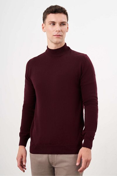 Morven Men's Dark Claret Red Basic Half Turtleneck Dynamic Fit Relaxed Cut Knitwear