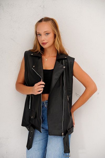 İLKCET MODA Women's Oversize Faux Leather Sleeveless Vest