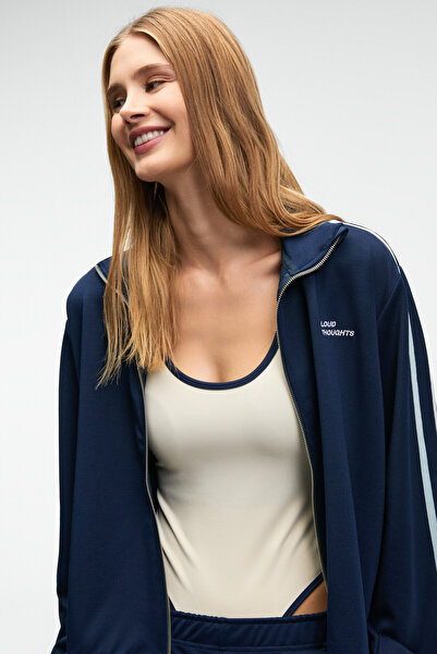 GRIMELANGE Zinnie Women's Regular Embroidery and Side Stripe Detailed Metal Zipper Stand Collar Navy Blue Jacket