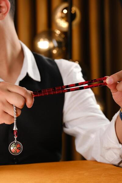 dergah tesbih Las Vegas Serisi Gümüş Tasarım Kes-me Model Kırmızı Hareli Sıkma Kehribar Tesbih