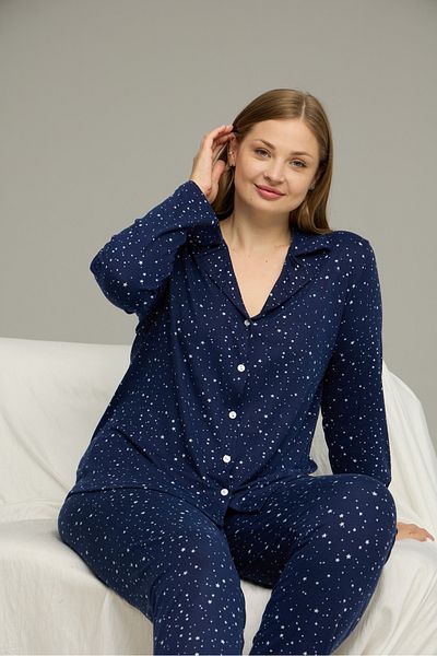 Siyah İnci Navy Blue Patterned Large Size Oversized Shirt Collar Buttoned Milan Knitted Pajama Set25224334