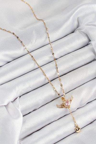 SeyCey.co 316L Steel Zircon Stone Angel Wing Detailed Heart Model Gold Color Women's Necklace