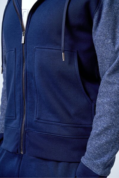 SPORTEMPT Kolları Yün Detaylı Kapüşonlu Fermuarlı Erkek Hoodie - Lacivert