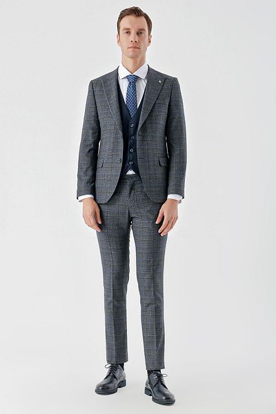 Morven Men's Navy Blue Polyviscose Trend Vested Combination Pointed Collar Suit