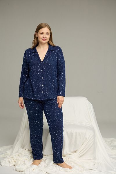 Siyah İnci Navy Blue Patterned Large Size Oversized Shirt Collar Buttoned Milan Knitted Pajama Set25224334