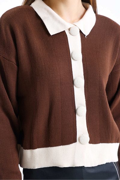 sole stories Women's Contrast Detail Long Sleeve Polo Neck Knitwear Cardigan