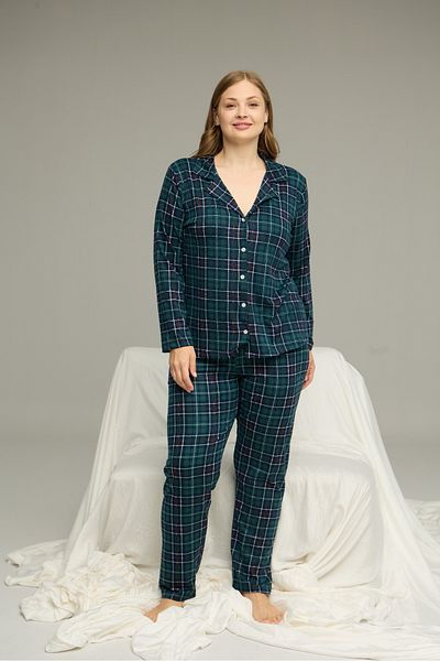 Siyah İnci Green Patterned Large Size Oversized Shirt Collar Button Milan Knitted Pajamas Suit25224336