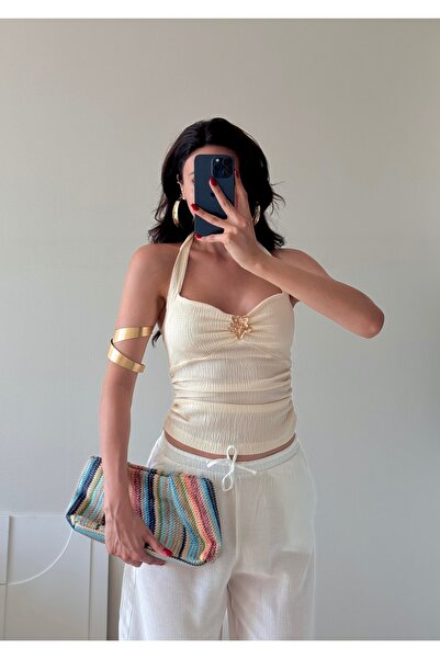 LOCH BUTİK Women's Ecru Brooch Gathered Mini Bustier