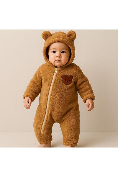 nevrankids Unisex Baby Plush Jumpsuit Cross Zipper Teddy Bear Figure Hooded Eared Jumpsuit - Brown