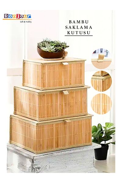 Bonjour Gift & Hobby 3-Piece Decorative Bamboo Storage Box with Lid - Multi-Purpose Organizer - Natural Bamboo Basket Set