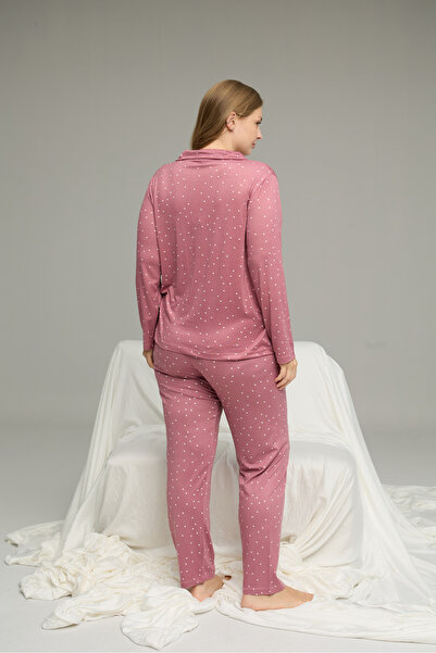 Siyah İnci Rose Dry Plus Size Oversize Shirt Collar Button Milan Knitted Pajamas Suit25224339