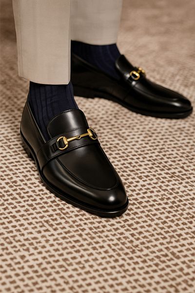 Deriderim Black Leather Loafer - Gold Buckle Shoes