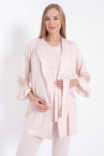 civetta Short Sleeve Crew Neck Women's Viscose Lace Detailed Maternity Pajama Set Dressing Gown