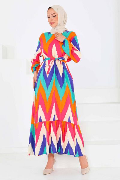 TOFİSA Patterned Belted Dress Fusya - 27516