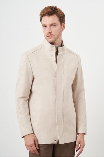 Morven Men's Beige Snap Fastener Judge Collar Cashmere Coat