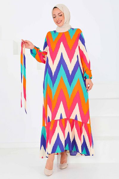 TOFİSA Patterned Belted Dress Fusya - 27516