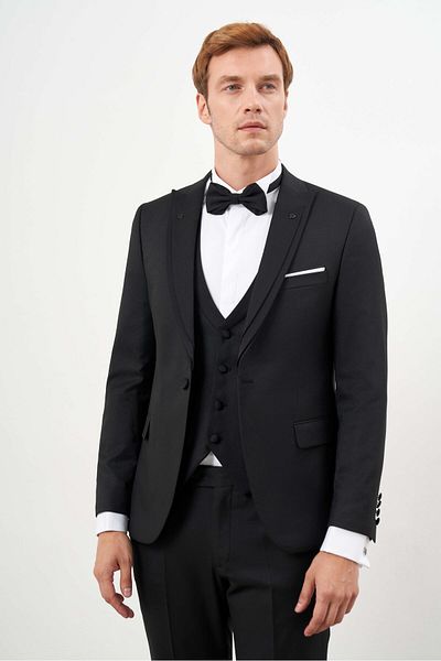 Morven Men's Black Polyviscon Ceromonia Jacquard Pattern Slim Fit Pointed Collar Groom Suit