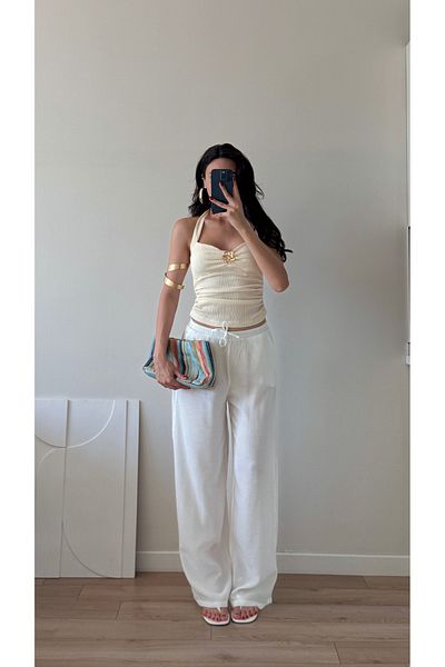 LOCH BUTİK Women's Ecru Brooch Gathered Mini Bustier