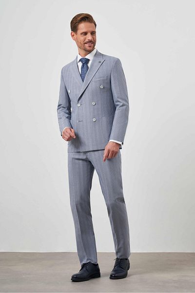Morven Men's Navy Blue Polyviscon Trend Double Breasted Slim Fit Pointed Collar Suit