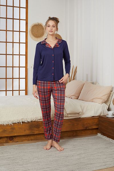 Siyah İnci Navy Blue Plaid Patterned Shirt Collar Buttoned Milan Knitted Pajamas Suit25224004
