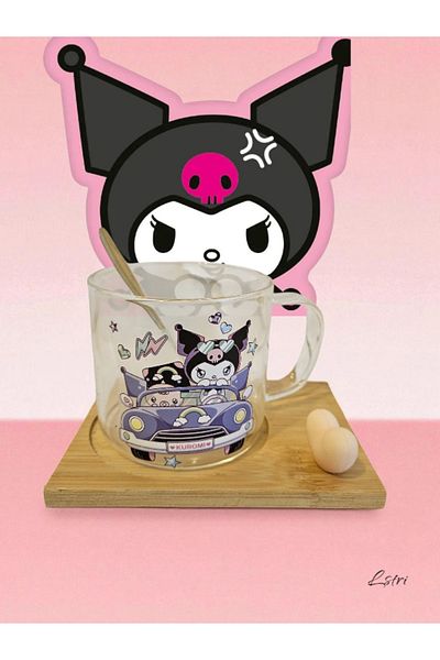 lstri Kuromi Cartoon Bamboo Coaster Glass Drinking Cup with Lid Cute Transparent Bubble Tea Household Milk Cup