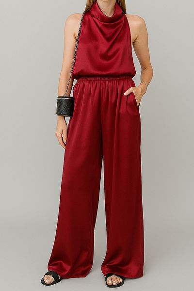 My Blog Burgundy Satin Blouse Trousers Set - 304900