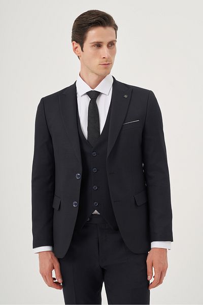 Morven Men's Navy Blue Polyviscose Basic Vest Jacquard Slim Fit Pointed Collar Suit