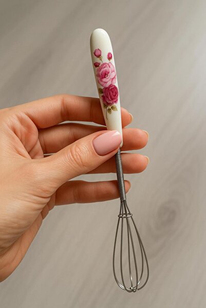 Kırmızı Beyaz Home Porselen Saplı Mini Çırpıcı Paslanmaz Çelik Tel Çırpma Aleti