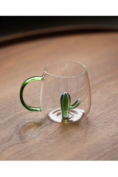 PAMPA Kaktüs Detaylı Şeffaf Cam Kupa - 300 ml | Isıya Dayanıklı Tasarım