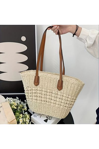 Generic Handwoven Rattan Tote Bag for Women with Authentic Design and Leather Handle – Elegant Cream