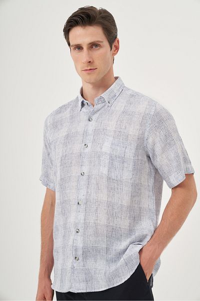 Morven Men's Navy Blue Linen Trend Regular Fit Button Collar Short Sleeve Shirt