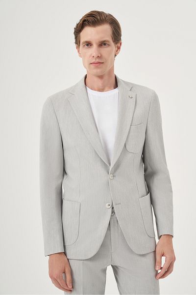 Morven Men's Gray Polyviscon Trend Striped Slim Fit Mono Collar Suit