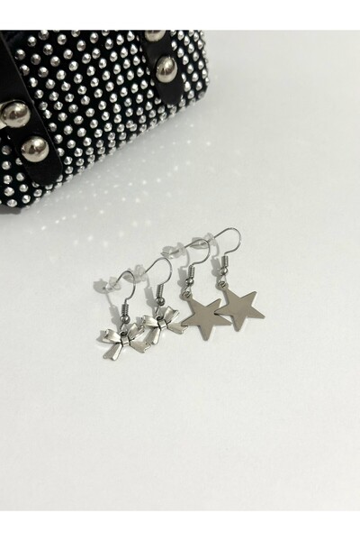 sleyshop Fiyonk Yıldız Gümüş Renk Çoklu Set Küpe