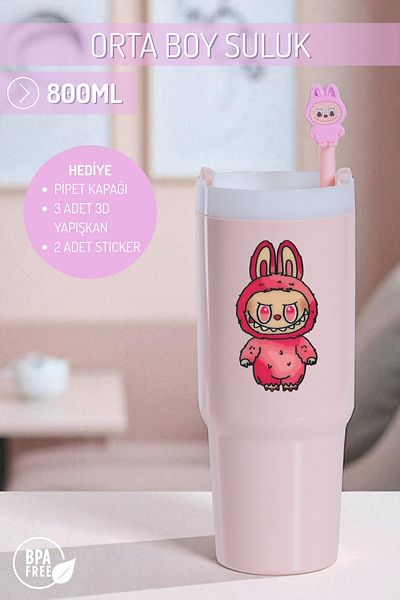 Nandy Home Labubulu Themed Medium Size Colorful Water Bottle, 800ml. – Pipette Cover, 3D Adhesive and Label Gift