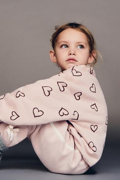 Magu Girls' Cotton Pink Heart Patterned Sweatshirt and Sweatpants Set