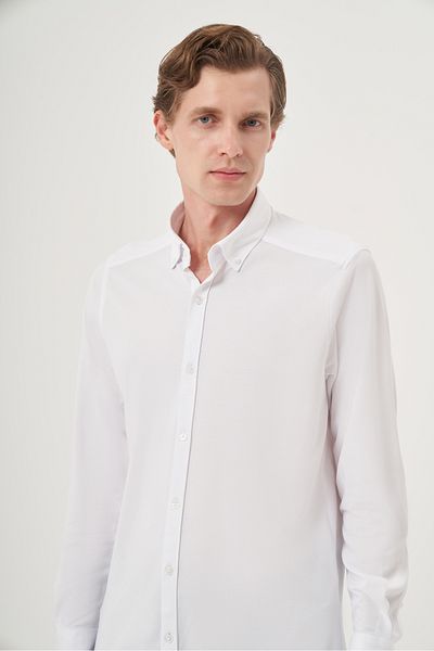 Morven Men's White Knitted Slim Fit Button Collar Shirt