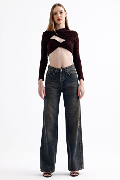 Denim Republic جينز نسائي مريح باللون الأزرق الداكن عالي الخصر