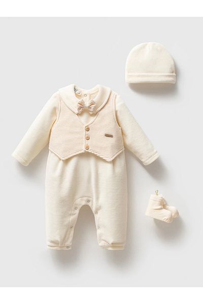 Little Ya Ya Love Baby Boy Premium Velvet Jumpsuit Beanie Socks Special Boxed Set (3-6 Months)