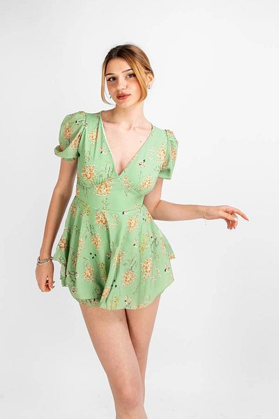 Bak Moda Floral Patterned Mini Green Dress with Low-Cut Chest and Shorts