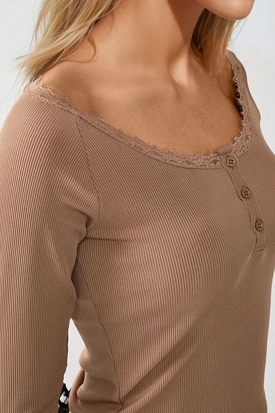 Hiccup Long Sleeve Slim Fit Top with Lace Stripe Detail