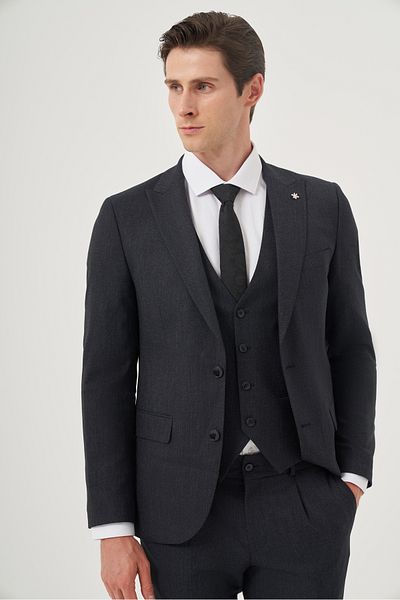 Morven Men's Navy Blue Polyviscon Trend Patterned Slim Fit Pointed Collar Vest Suit