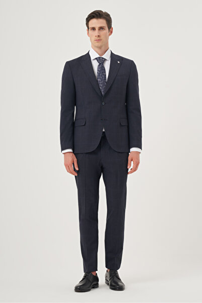 Morven Erkek Lacivert Yünlü Trend Ekoseli Slim Fit Sivri Yaka Takım Elbise