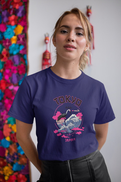 Butik Tokyo Japan Flamingo Baskılı/ Kadın çok renkli T-Shirt %100 Pamuk Regul...