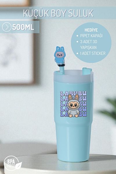 Nandy Home Labubulu Themed Small Size Colorful Water Bottle, 500ml. – Pipette Cover, 3D Adhesive and Label Gift