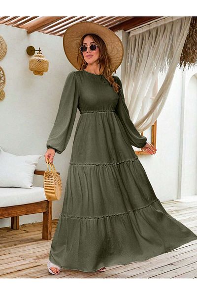 BLUSS Women's Khaki Long Sleeve Layered Summer Bohemian Maxi Dress