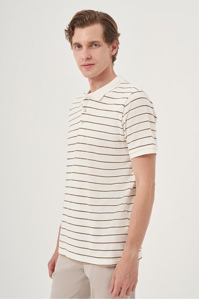 Morven Men's Ecru Trend Striped Dynamic Fit Polo Neck T-Shirt