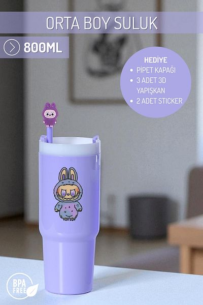 Nandy Home Labubulu Themed Medium Size Colorful Water Bottle, 800ml. – Pipette Cover, 3D Adhesive and Label Gift
