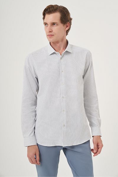 Morven Men's Navy Blue Slim Fit Stripe Pattern Hard Sports Collar Shirt